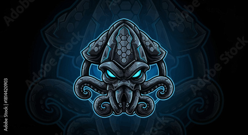 A dark, mystical head mascot with glowing blue eyes and tentacles on a black background with blue glow and swirling patterns.