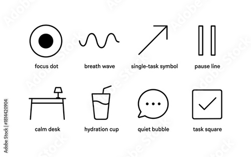Minimalist productivity icons set featuring functional symbols for modern workspaces