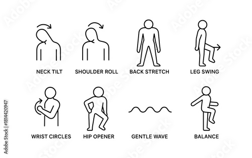 Simple line art of office stretches for desk workers: neck, shoulder, back, and leg exercises