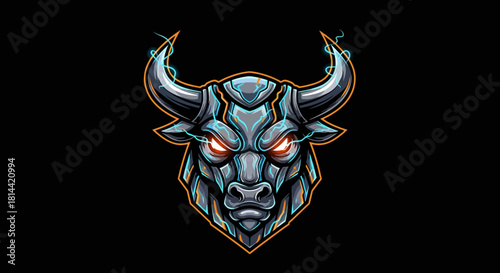 Close-up illustration of a futuristic bull head mascot with glowing red eyes and metallic design on a black background.