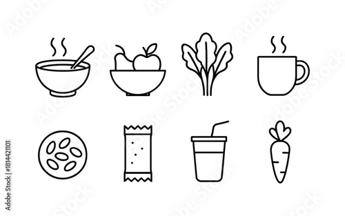 Minimalist line icons of healthy foods including soup, drink, and fresh produce
