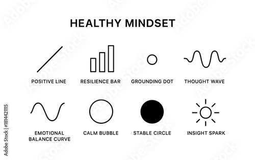 Icons representing aspects of a healthy mindset in minimalist style