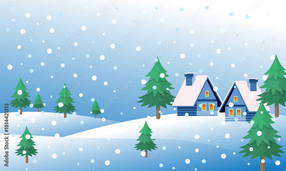 Naklejka premium Winter Wonderland Snow-Covered Houses in a Festive Landscape Illustration, Holiday Season Charm, Christmas Ambiance
