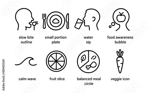 Minimalist outline icons for healthy eating and mindfulness