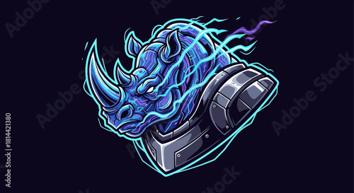 Digital illustration of a blue dragon head mascot with glowing lines and a computer mouse on a dark background.