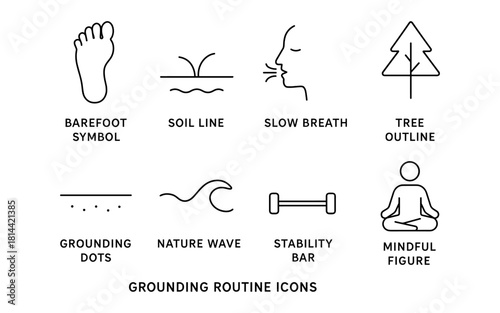 Grounding routine icons: barefoot, soil, breath, tree, and mindful practices