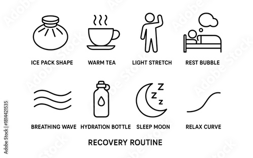 Daily recovery routine icons: wellness and relaxation line art set