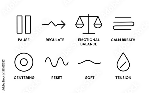 Mindful breathing: icon set for balance and relaxation techniques