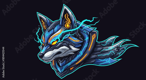Digital illustration of a futuristic wolf head mascot with neon blue and orange accents on a black background.