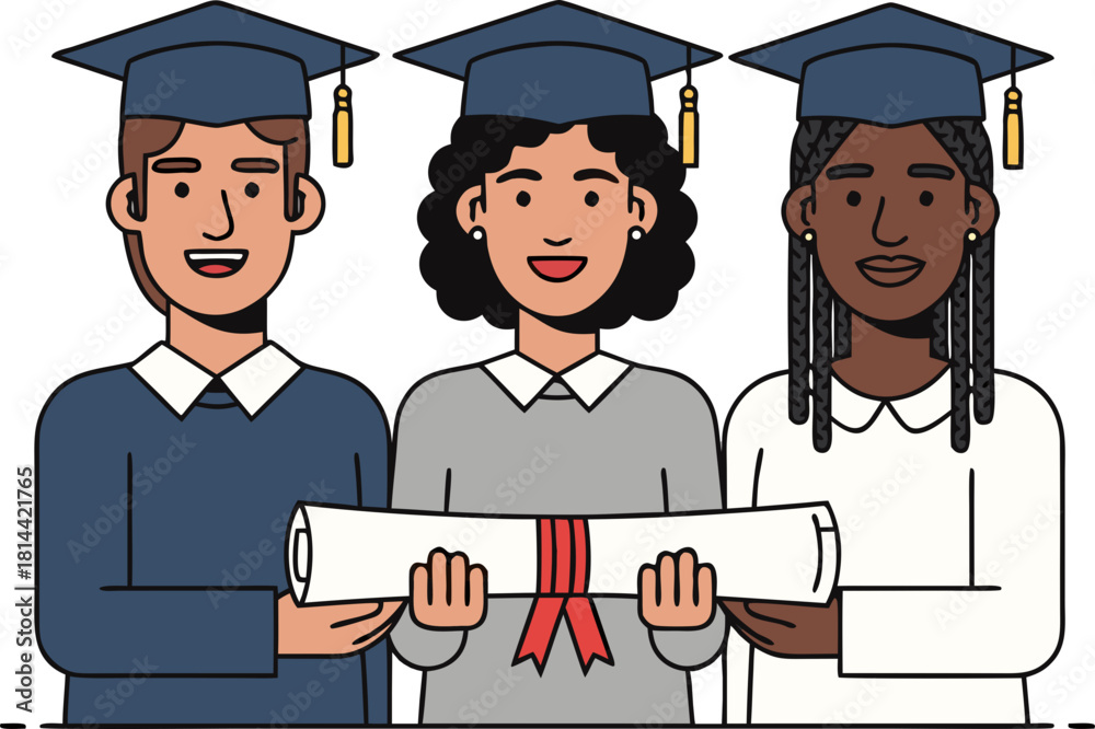 Obraz premium Three graduates in academic caps and robes are holding one large diploma. A symbol of collaboration, shared success, the 