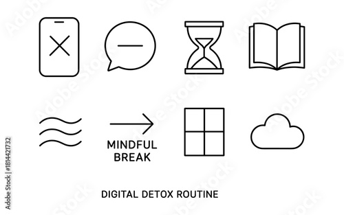 Minimalist icons for digital detox routine and mindfulness breaks