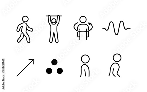 Simple linear exercise icons set with diverse physical activities in black outline