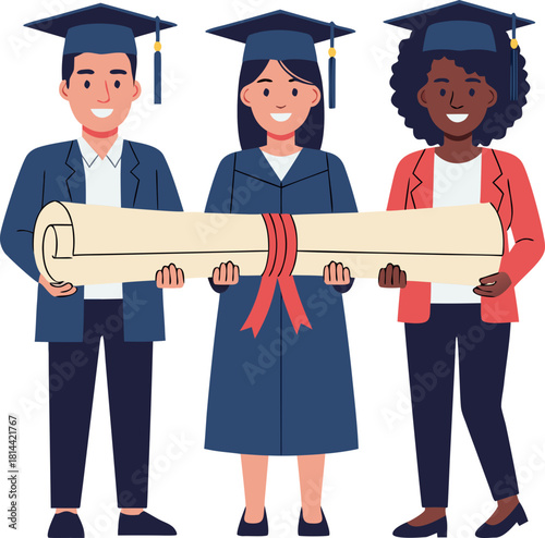 Three graduates in academic caps and robes are holding one large diploma. A symbol of collaboration, shared success, the "race for retraining" and inclusive education.