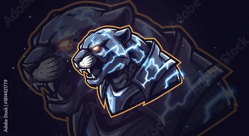 Illustration of a menacing black panther head mascot with glowing blue lightning and orange eyes against a dark background.