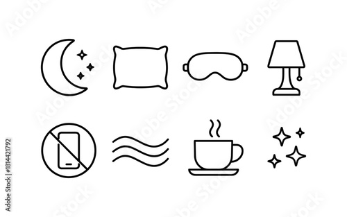 Sleep essentials icons: relaxing nighttime routine elements in line art style