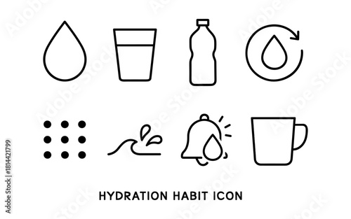 Hydration icons: water drop, bottle, reminder in linear style for healthy living