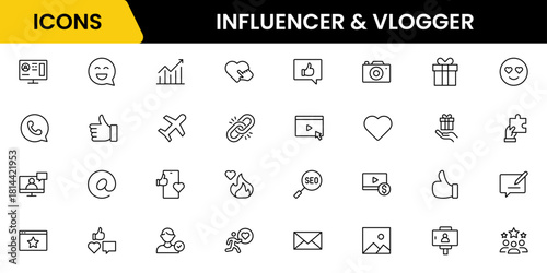 Influencer and blogging line icons collection. Big UI icon set in a flat design. Thin outline icons pack. Vector illustration