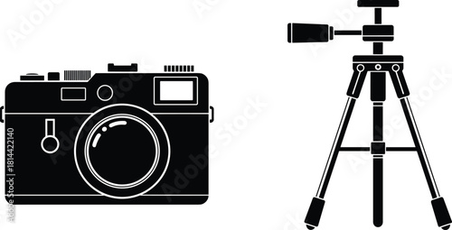 PrintMinimalist Professional Camera and Tripod Silhouette Vector, Photography and Videography Icons for Media Production and Creative Design