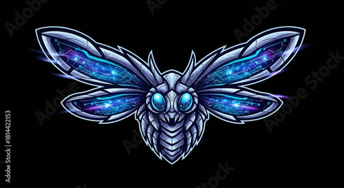 Digital illustration of a purple insect head mascot with iridescent blue wings and eyes on a black background with a cinematic feel and futuristic mood.