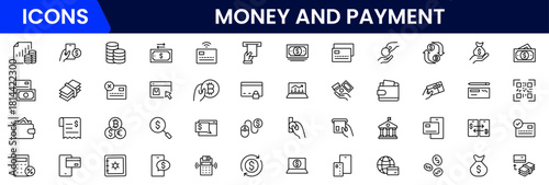 Money and payment are simple, minimal, thin line icons. Related money, credit card, atm, purchase, bill. Editable stroke. Vector illustration.