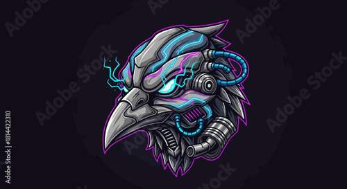 A futuristic robotic head mascot with glowing blue lines and mechanical details against a dark background with purple outlines.