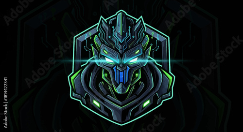 A futuristic robotic head mascot with glowing blue eyes and neon green accents set against a dark background with a hexagonal shape.