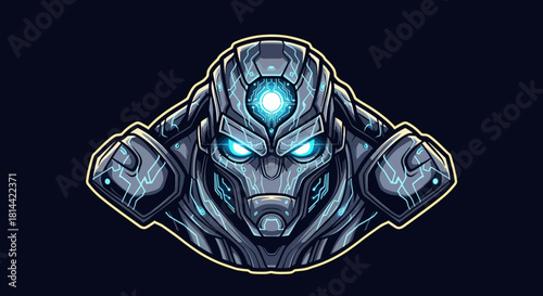 Digital illustration of a robotic head mascot with glowing blue eyes and metallic gray armor on a black background with a yellow outline.