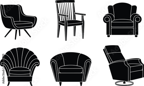 PrintModernist and Classic Indoor Chair Silhouettes Vector Set, Spindle Back, Recliner, and Upholstered Furniture Icons for Home Decor