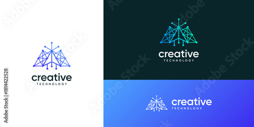 Modern of triangular arrow technology logo design inspirations. Dots and lines connected in tech network system structure, icons symbols.
