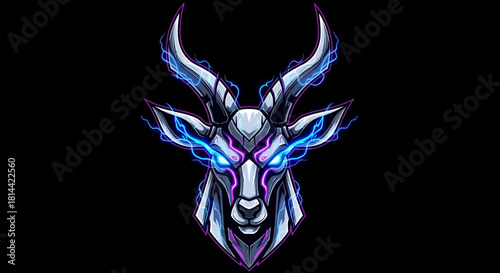 Digital illustration of a futuristic, metallic deer head mascot with neon blue eyes and purple accents against a solid black background.