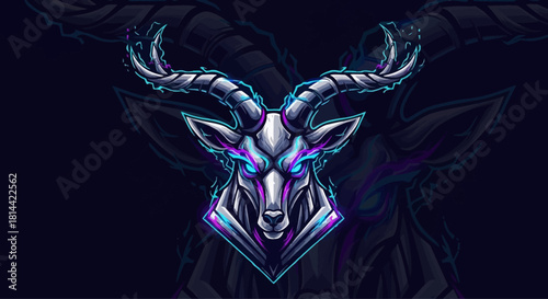 Digital illustration of a stylized goat head mascot with neon blue and purple outlines on a dark background.