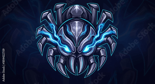 A futuristic robotic head mascot with glowing blue eyes and metallic design on a dark background with neon accents.