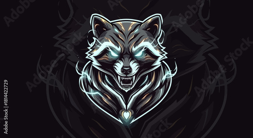 Digital illustration of a fierce raccoon head mascot with glowing blue eyes and orange stripes on a black background with a neon effect.