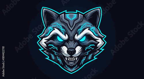 Digital illustration of a robotic wolf head mascot with glowing blue eyes and metallic details on a dark background with neon outlines.