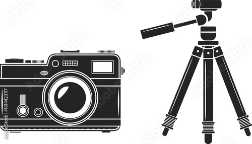 PrintRetro Camera and Tripod Silhouette Vector Set, Vintage Photography Equipment Icons for Media, Technology, and Design Graphics