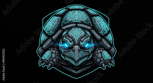 A futuristic turtle head mascot with glowing blue eyes and intricate designs on its shell and face against a solid black background with neon blue outlines.