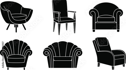 PrintRetro and Contemporary Indoor Chair Silhouettes Vector, Tub Chair, Lounge Seating, and Upholstered Furniture Icons for Interior Decor
