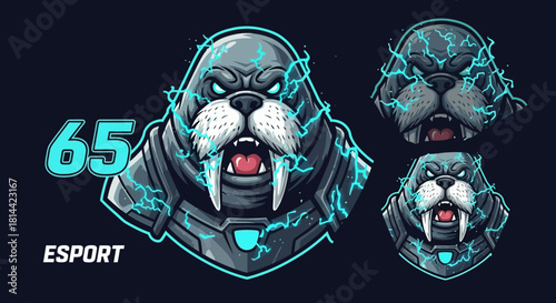 A digital illustration of a walrus head mascot with a fierce expression and neon blue outlines, showcasing different views and the number 65 with esport text on a dark background.