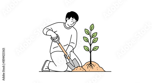 Gardening illustration of a young person planting a small tree with a shovel and soil mound, symbolizing growth and environmental care