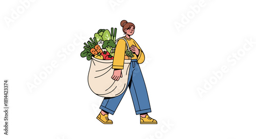 A young woman carries a large reusable tote bag filled with fresh, healthy vegetables and groceries, representing a sustainable and healthy lifestyle