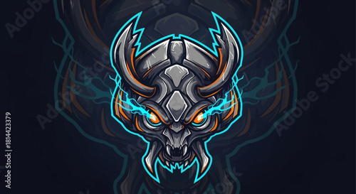 Digital illustration of a menacing dragon head mascot with glowing blue and orange eyes and horns on a dark background with neon-like effects.