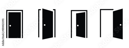 Door Icons Set – Open, Close, Login & Logout, Emergency Exit Vector Symbols in Modern Flat Style