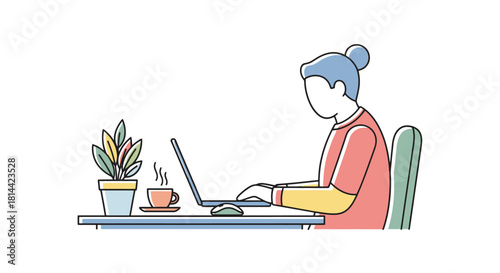 Modern line art illustration of a person working on a laptop at a desk. Concept for remote work, freelance business, and online education