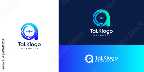 Letter a with bubble speech logo design inspiration. Talk and chat technology communication concept. Combination vector based icons symbols.