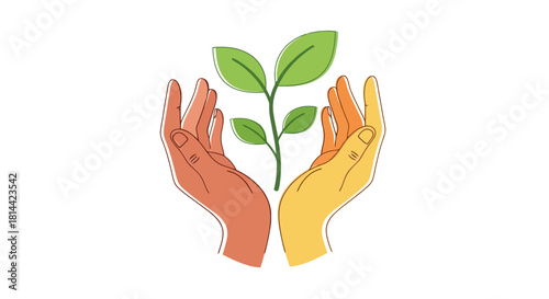 Hands cradling a growing plant, symbolizing growth, care, and environmental protection in a minimalistic design