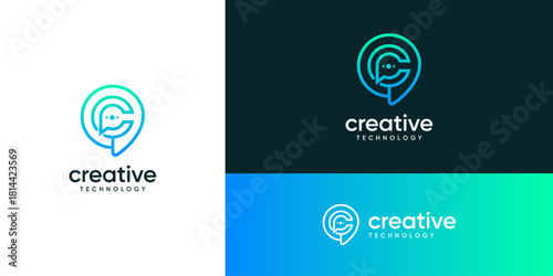 Outline letter C with bubble speech logo design inspiration. Talk and chat technology communication concept. Combination vector based icons symbols.