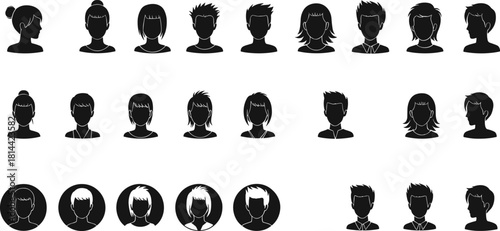 PrintSet of Headshot Avatars Silhouette Vector, Men and Women Hair Styles for User Profile Icons, Social Media, and Web Design