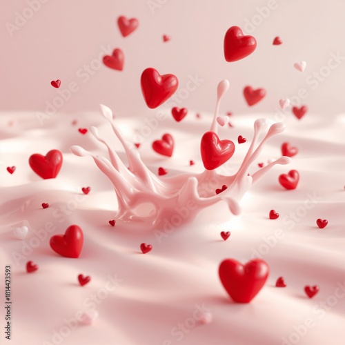 Red and White Hearts Splashing in Creamy Texture Against a Soft Pink Backdrop