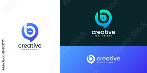 Letter b with bubble speech logo design inspiration. Talk and chat technology communication concept. Combination vector based icons symbols.