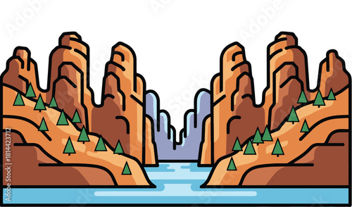 Cartoon landscape with rocky mountains and river